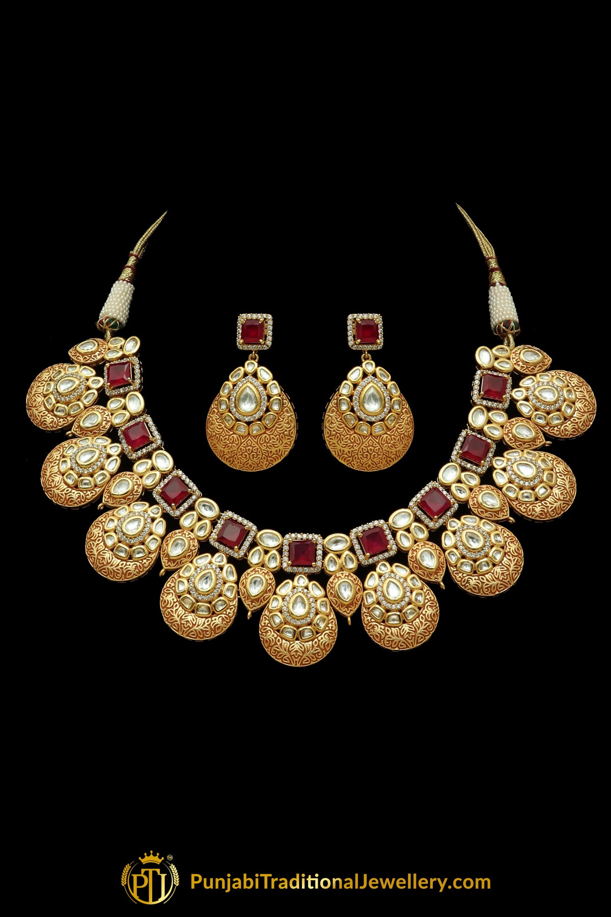 Red Kundan Antique Matt Gold Necklace Set By Punjabi Taditional Jewellery