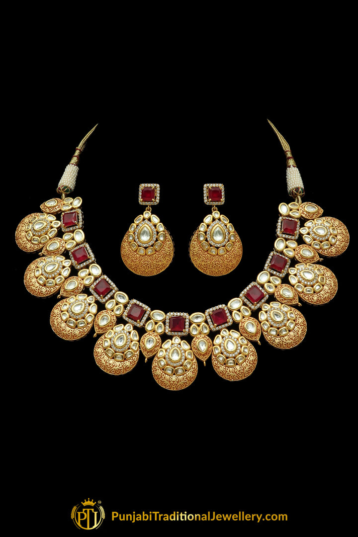 Red Kundan Antique Matt Gold Necklace Set By Punjabi Taditional Jewellery