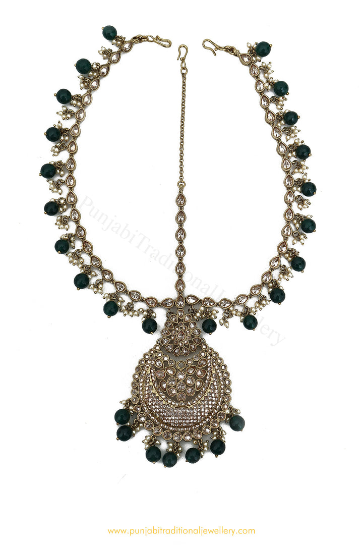 Antique Gold Finished Emerald Champagne Stone Matha Patti By PTJ Exclusive