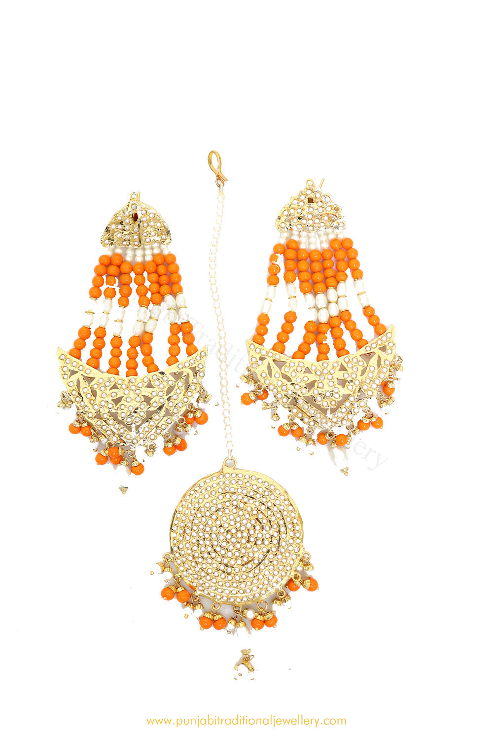 Gold Finished Orange Jadau Earrings & Tikka Set By PTJ