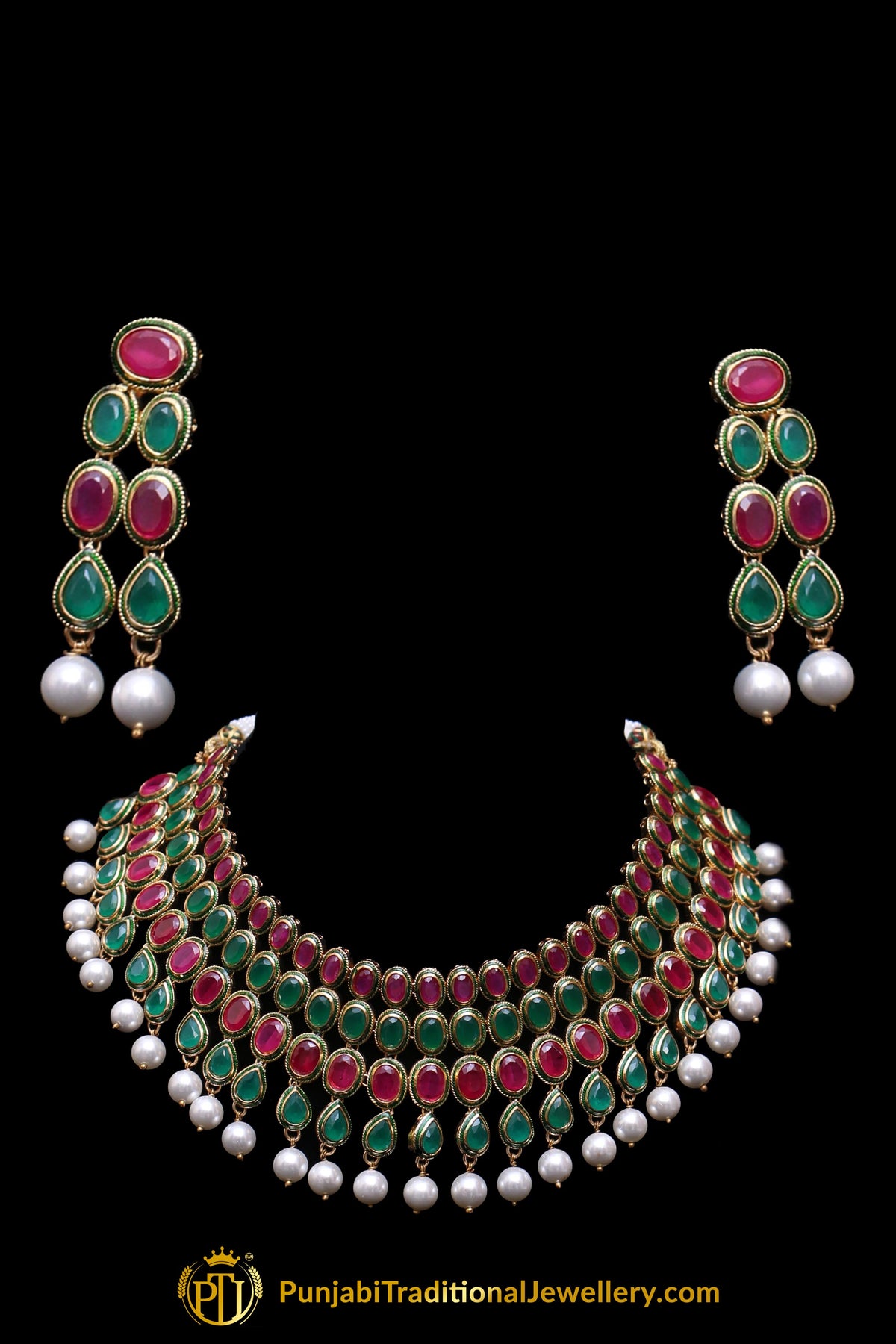 Green Red Pearl Kundan Necklace Set By Punjabi Traditional Jewellery