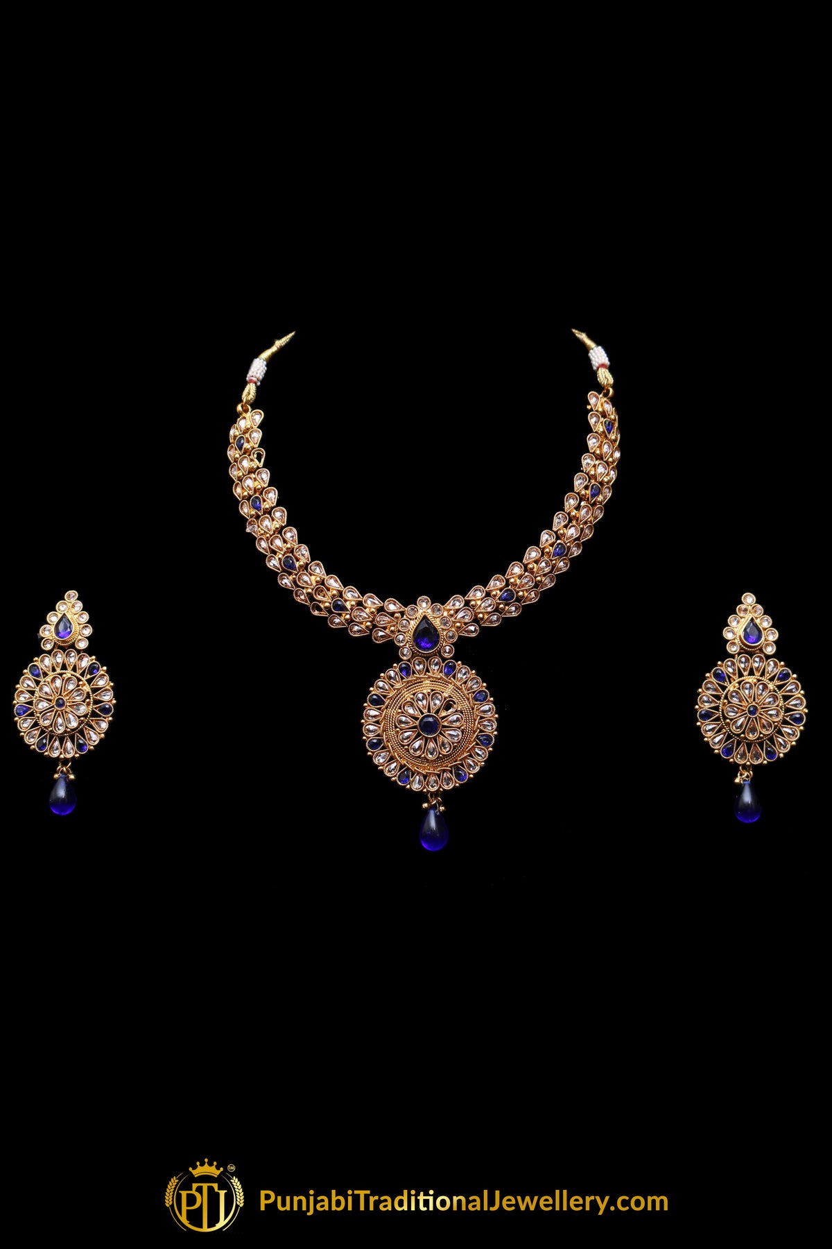 Blue Polki Necklace Set By Punjabi Traditional Jewellery