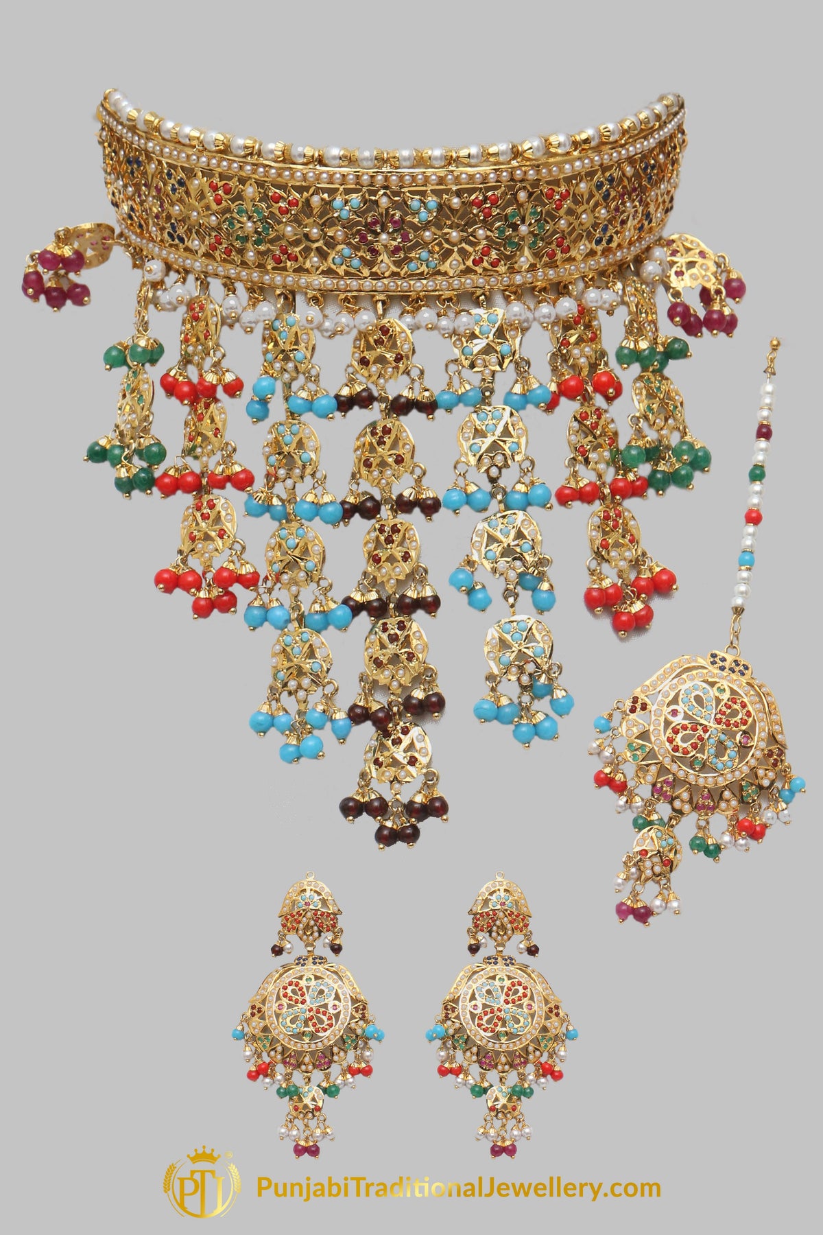 Jadau Multi Pearl Necklace Set By Punjabi Traditional Jewellery
