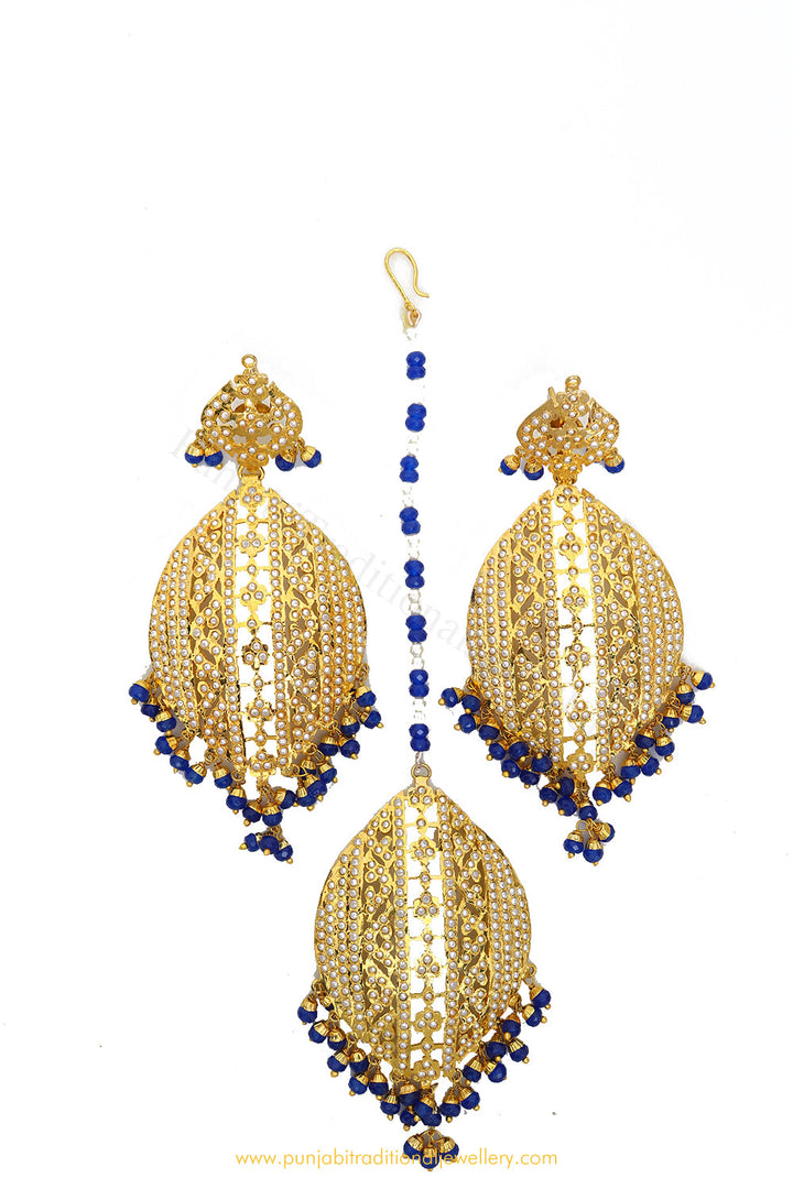 Gold Finished Blue Jadau Earrings & Tikka Set By PTJ