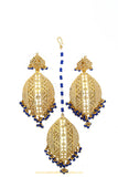 Gold Finished Blue Jadau Earrings & Tikka Set By PTJ