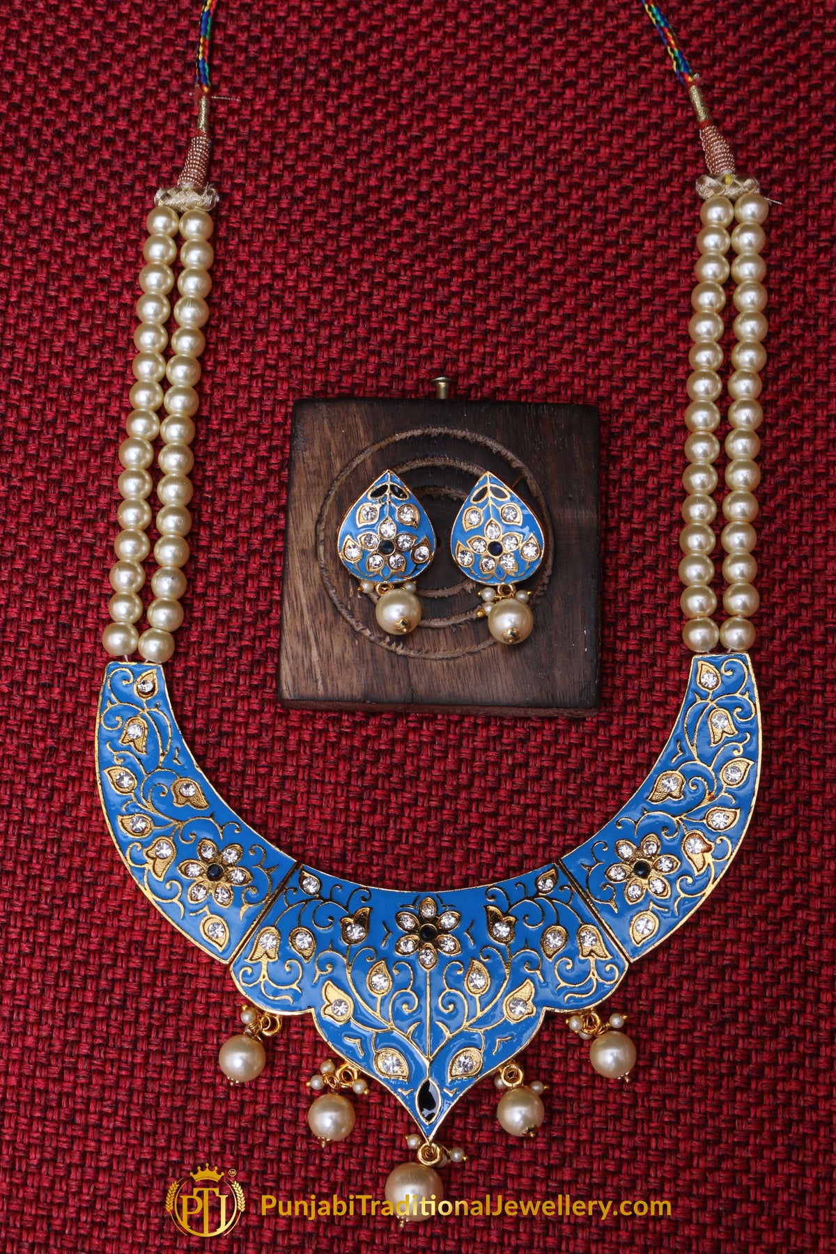 Blue Kundan Pearl Choker Necklace Set By Punjabi Traditional Jewellery