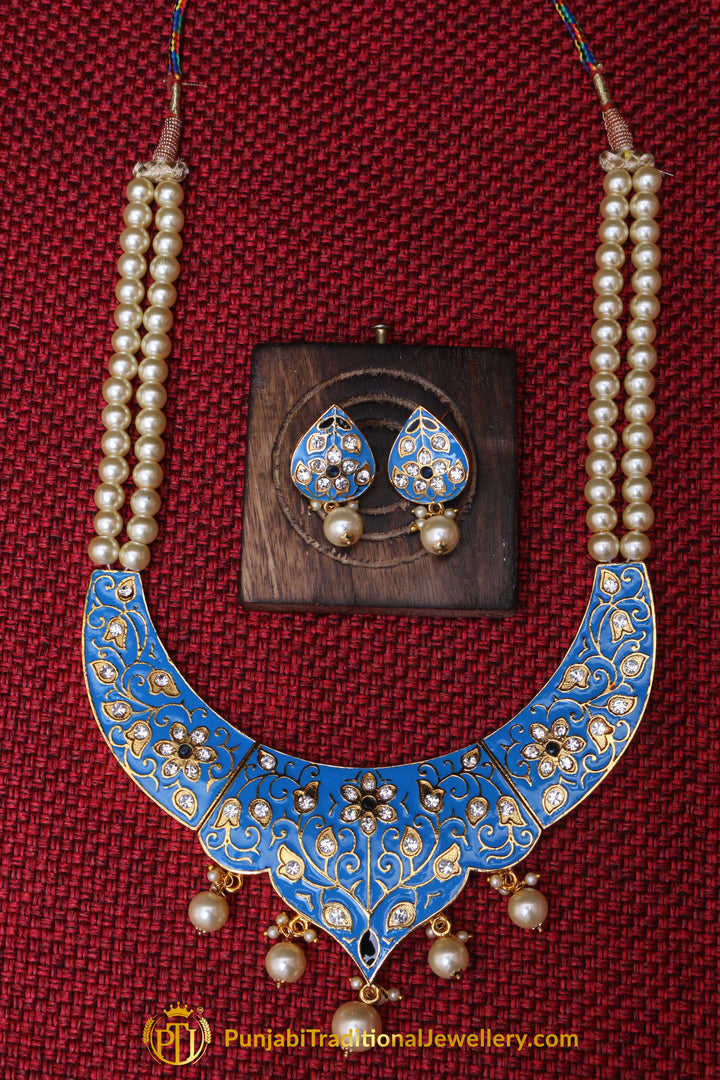 Blue Kundan Pearl Choker Necklace Set By Punjabi Traditional Jewellery