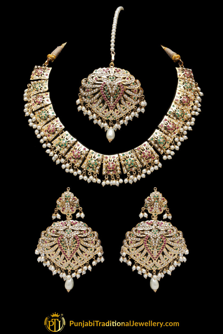 Multi Jadau Pearl Necklace Set By Punjabi Traditional Jewellery
