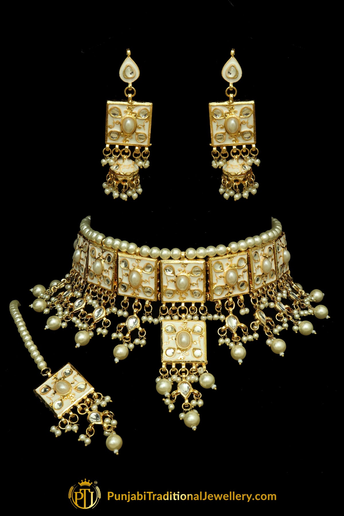 White Meena Kundan Pearl Choker Necklace Set By Punjabi Traditional Jewellery