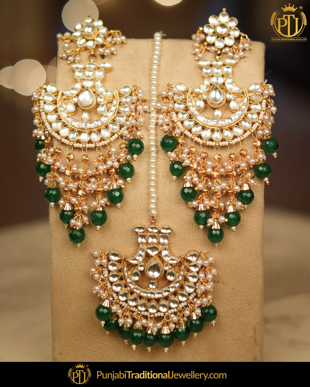 Gold Finished Emerald Kundan Pearl Earring Tikka Set | Punjabi Traditional Jewellery Exclusive