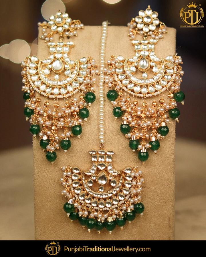 Gold Finished Emerald Kundan Pearl Earring Tikka Set | Punjabi Traditional Jewellery Exclusive