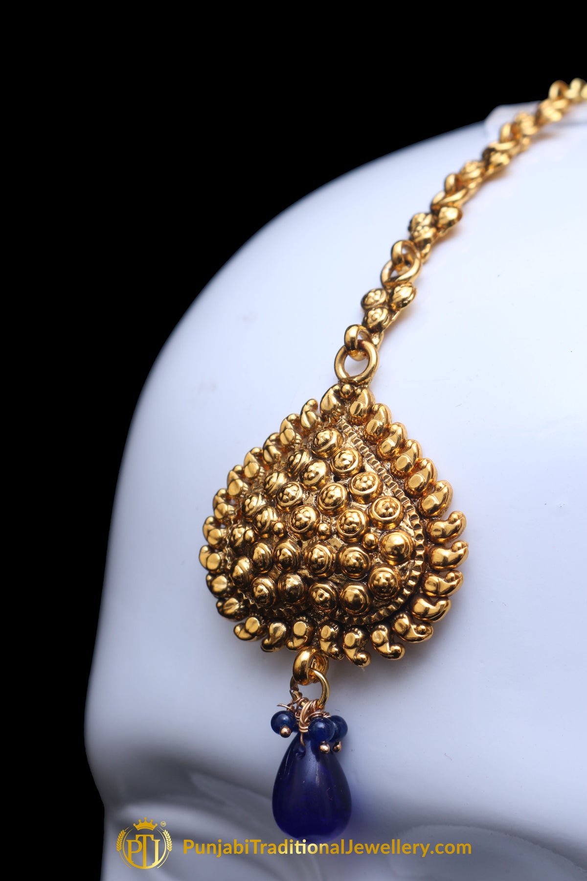 Blue Antique Gold Earring Tikka Set By Punjabi Traditional Jewellery