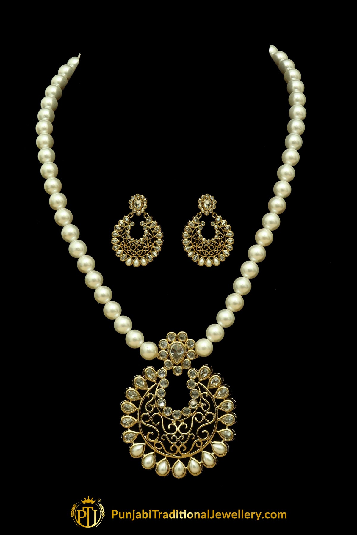 Polki Pearl Mala Necklace Set By Punjabi Traditional Jewellery