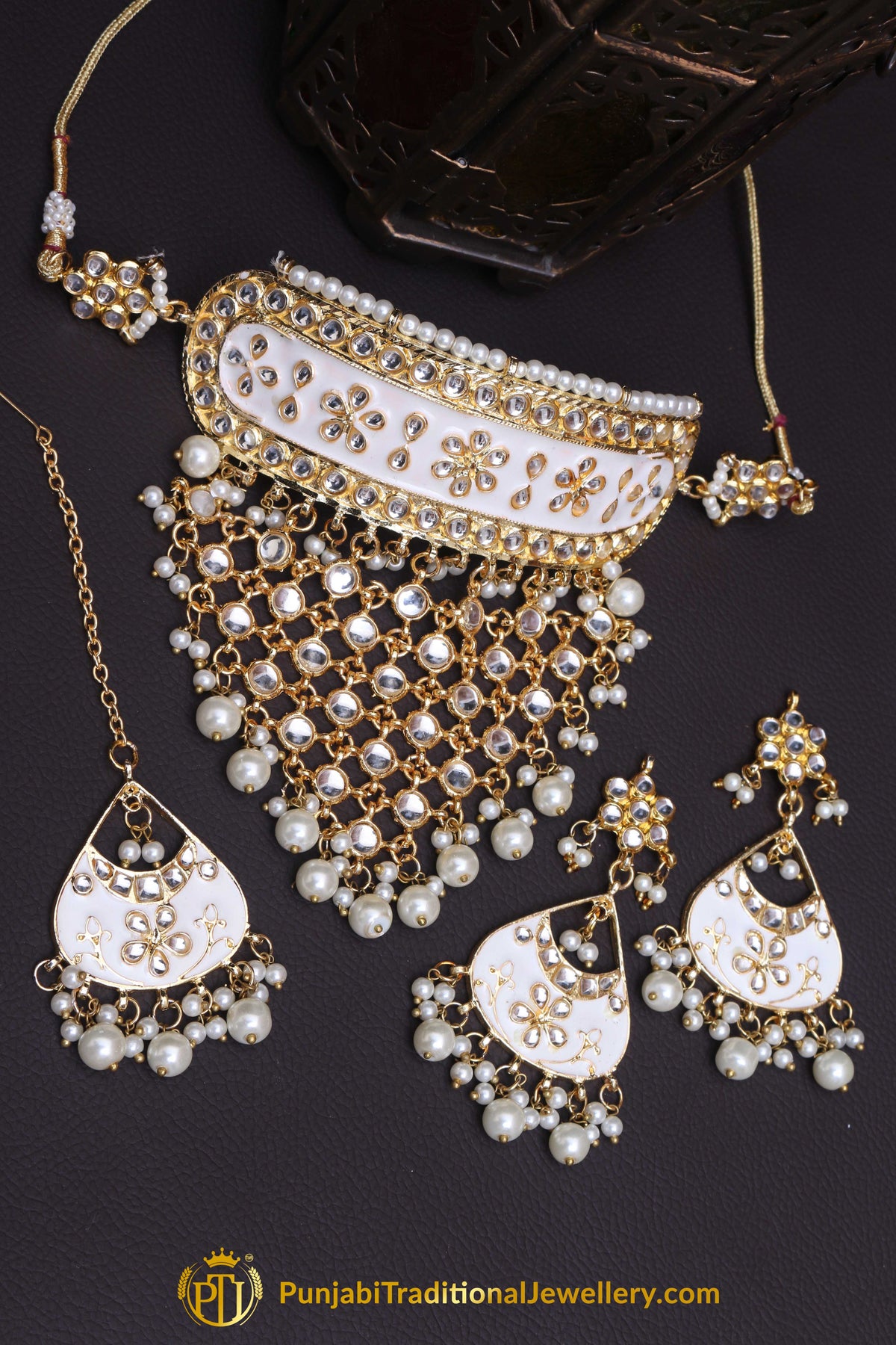 White Choker Pearl Kundan Meena Necklace Set By Punjabi Traditional Jewellery