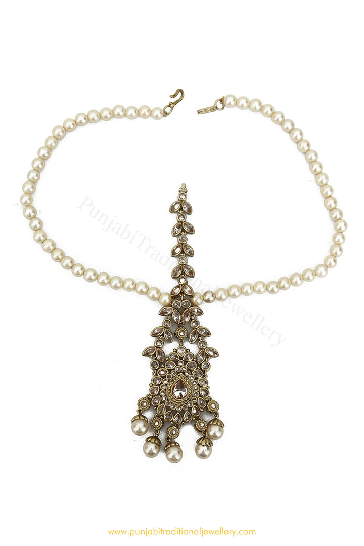Antique Gold Finished Pearl Champagne Stone Matha Patti By PTJ Exclusive
