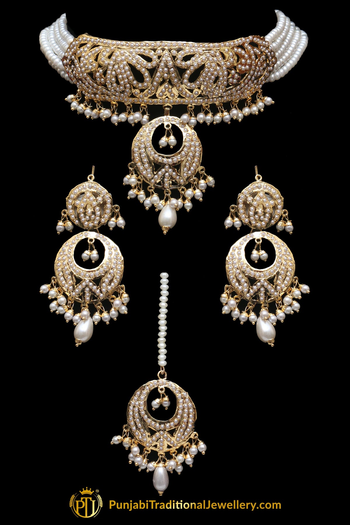Jadau Golden Pearl Mala Necklace Set By Punjabi Traditional Jewellery