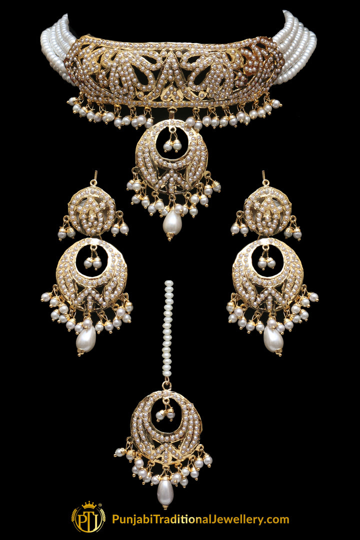 Jadau Golden Pearl Mala Necklace Set By Punjabi Traditional Jewellery
