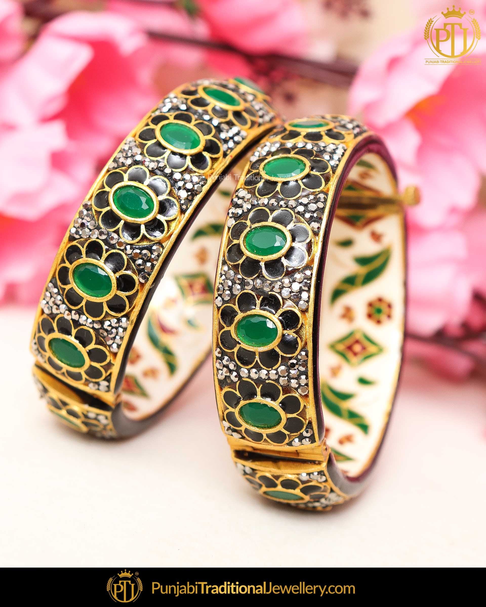 Hand Painted Black Menna Emerald Polki Karra Bangles (Pair)| Punjabi Traditional Jewellery Exclusive