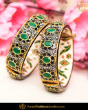 Hand Painted Black Menna Emerald Polki Karra Bangles (Pair)| Punjabi Traditional Jewellery Exclusive