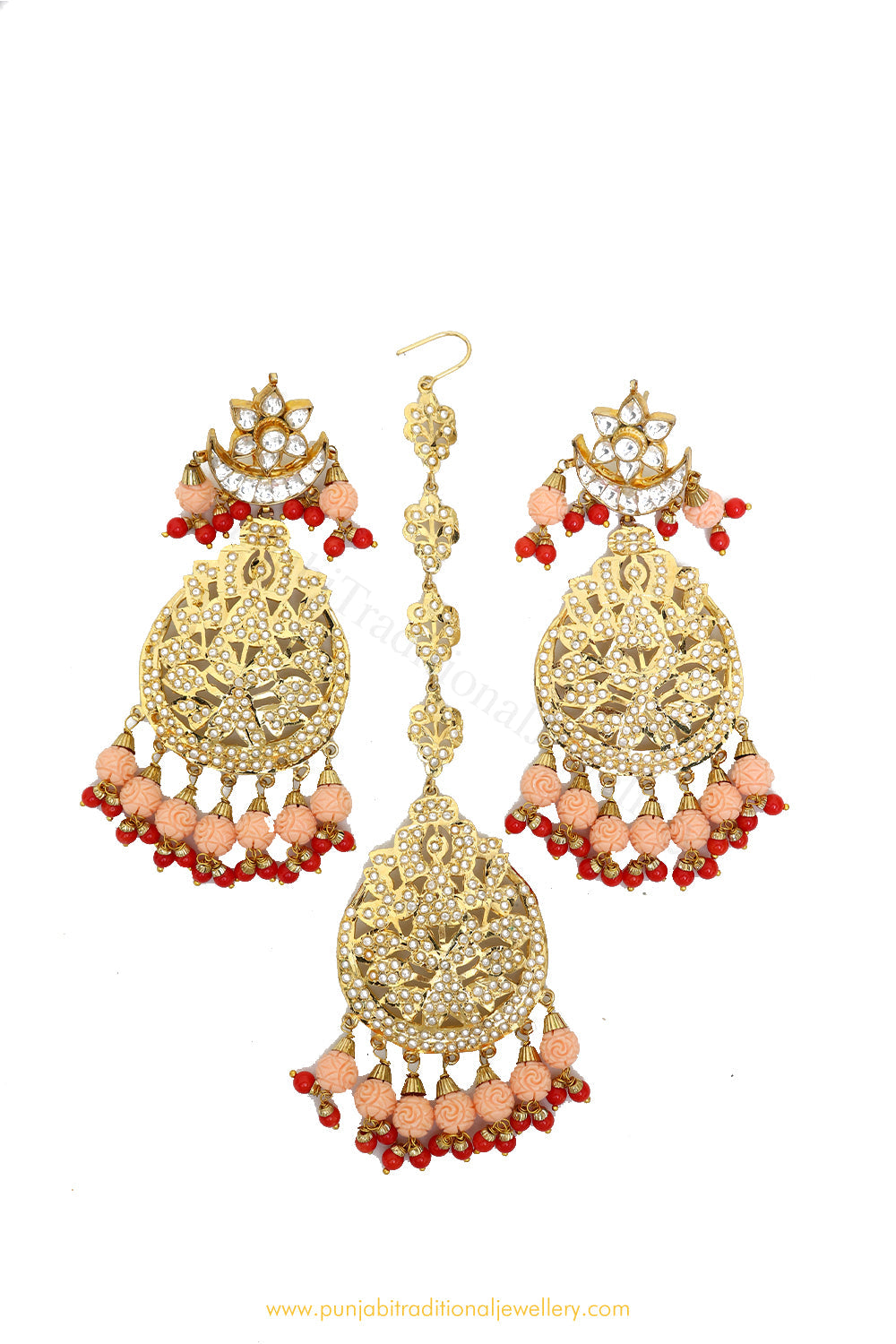 Gold Finished Peach Red Jadau Earrings & Tikka Set By PTJ