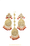 Gold Finished Peach Red Jadau Earrings & Tikka Set By PTJ