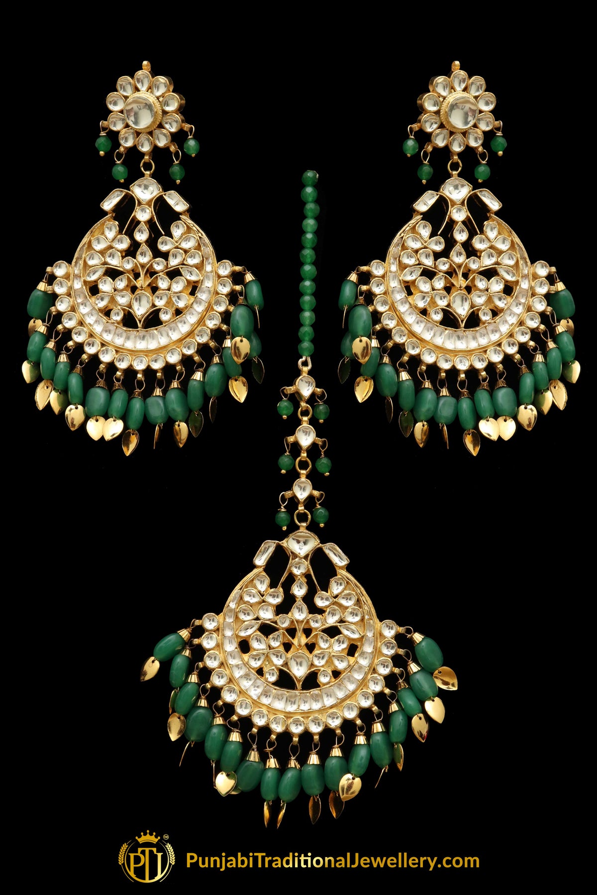 Green Kundan Pippal Patti Earring Tikka Set | Punjabi Traditional Jewellery Exclusive