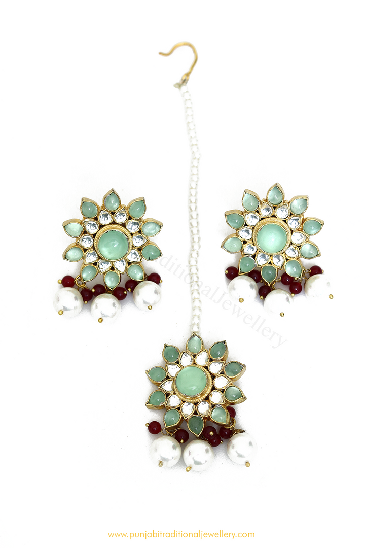 Gold Finished Mint Kundan Studs & Tikka Set By PTJ