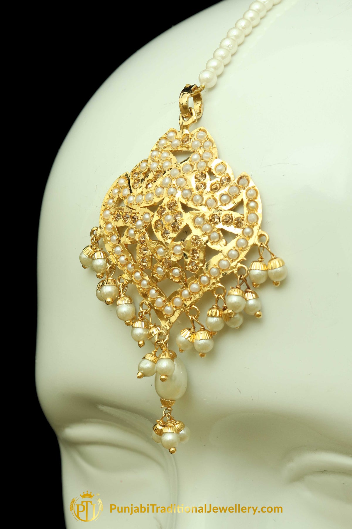 Golden Jadau Pearl Earring Tikka Set By Punjabi Traditional Jewellery