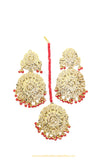 Gold Finished Red Jadau Earrings & Tikka Set By PTJ