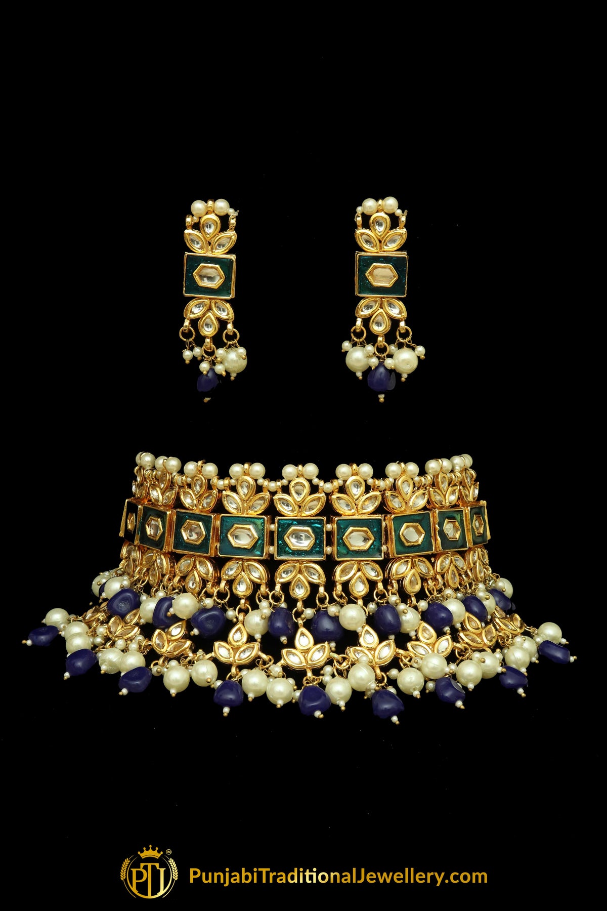 Meena Kundan Pearl Choker Necklace Set By Punjabi Traditional Jewellery