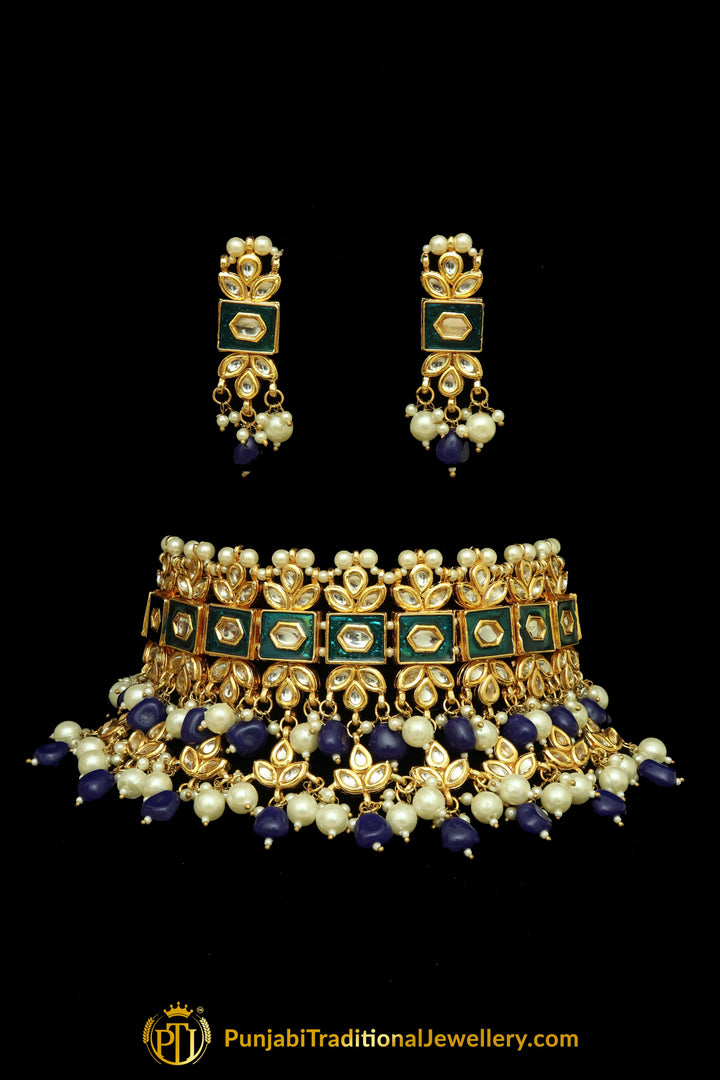 Meena Kundan Pearl Choker Necklace Set By Punjabi Traditional Jewellery