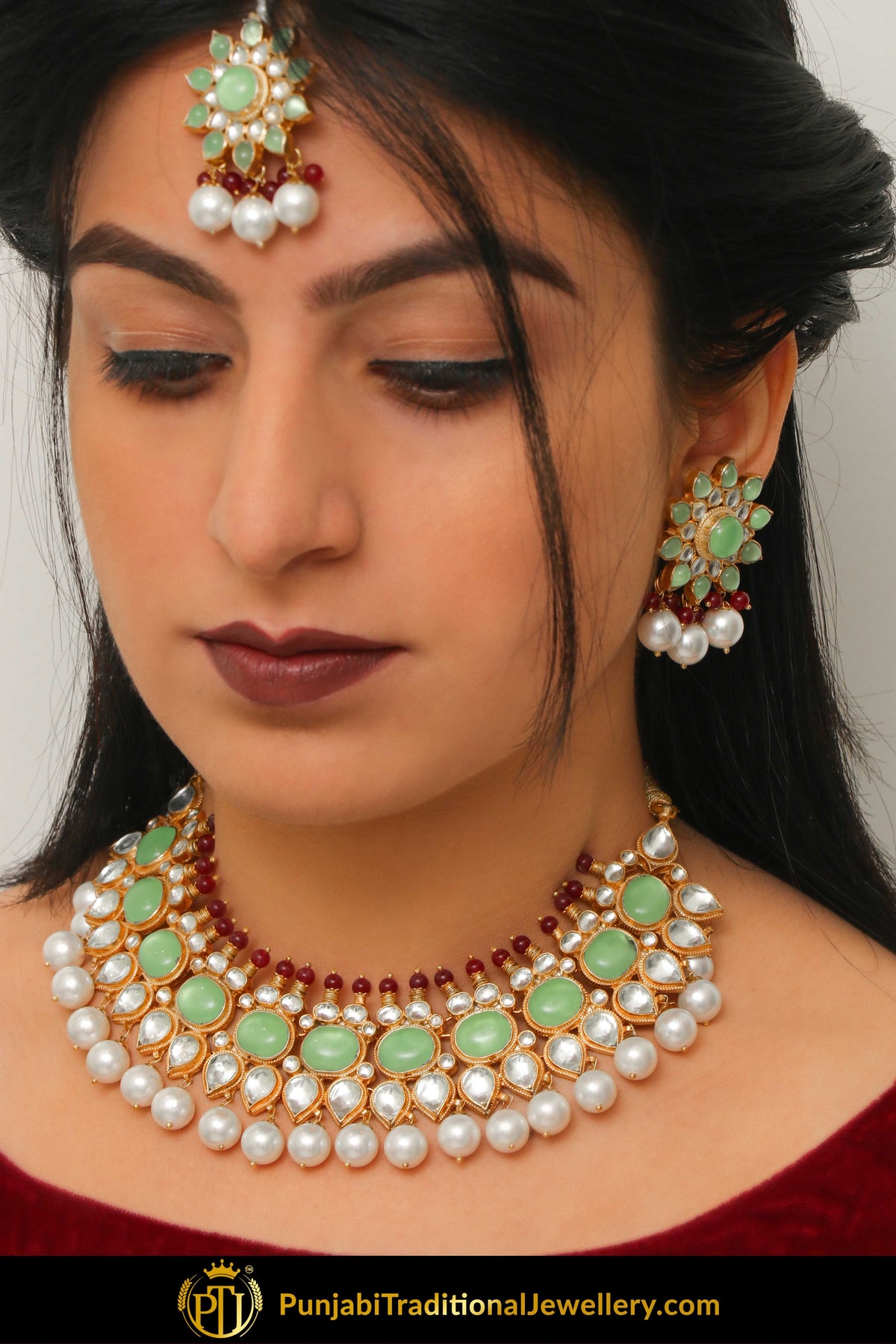 Adeena New Jade Rubby Pearl Kundan Necklace, Earrings & Tikka Set | Punjabi Traditional Jewellery Exclusive