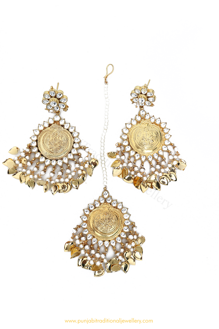 Gold Finished Pippal Patti kundan Earrings Tika By PTJ