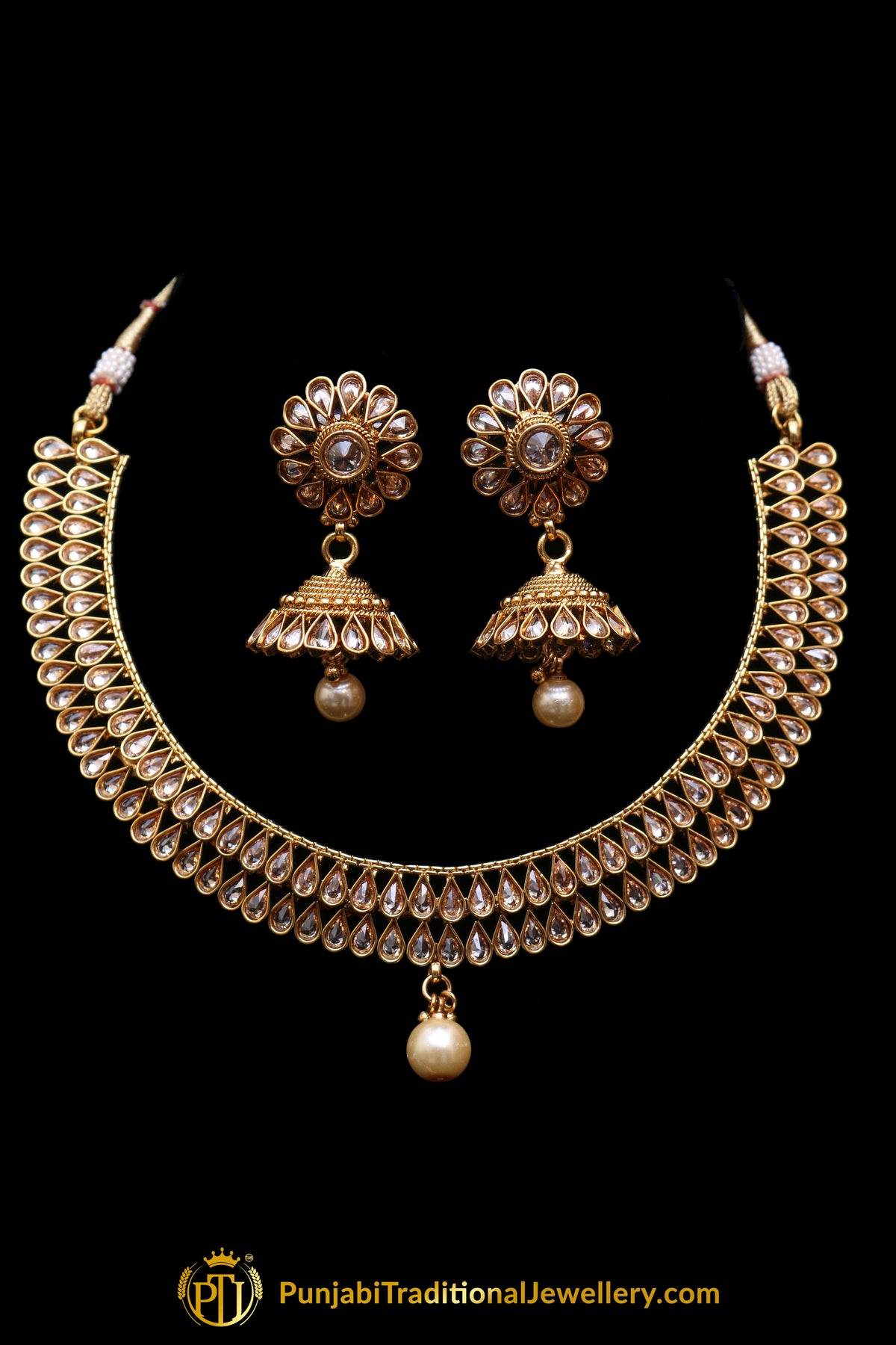Golden Polki Necklace Set By Punjabi Traditional Jewellery