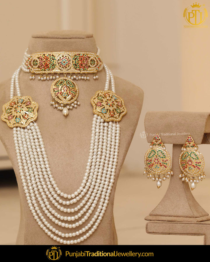 Gold Finished Jadau Navratan Pearl Choker Bridal Necklace Set | Punjabi Traditional Jewellery Exclusive