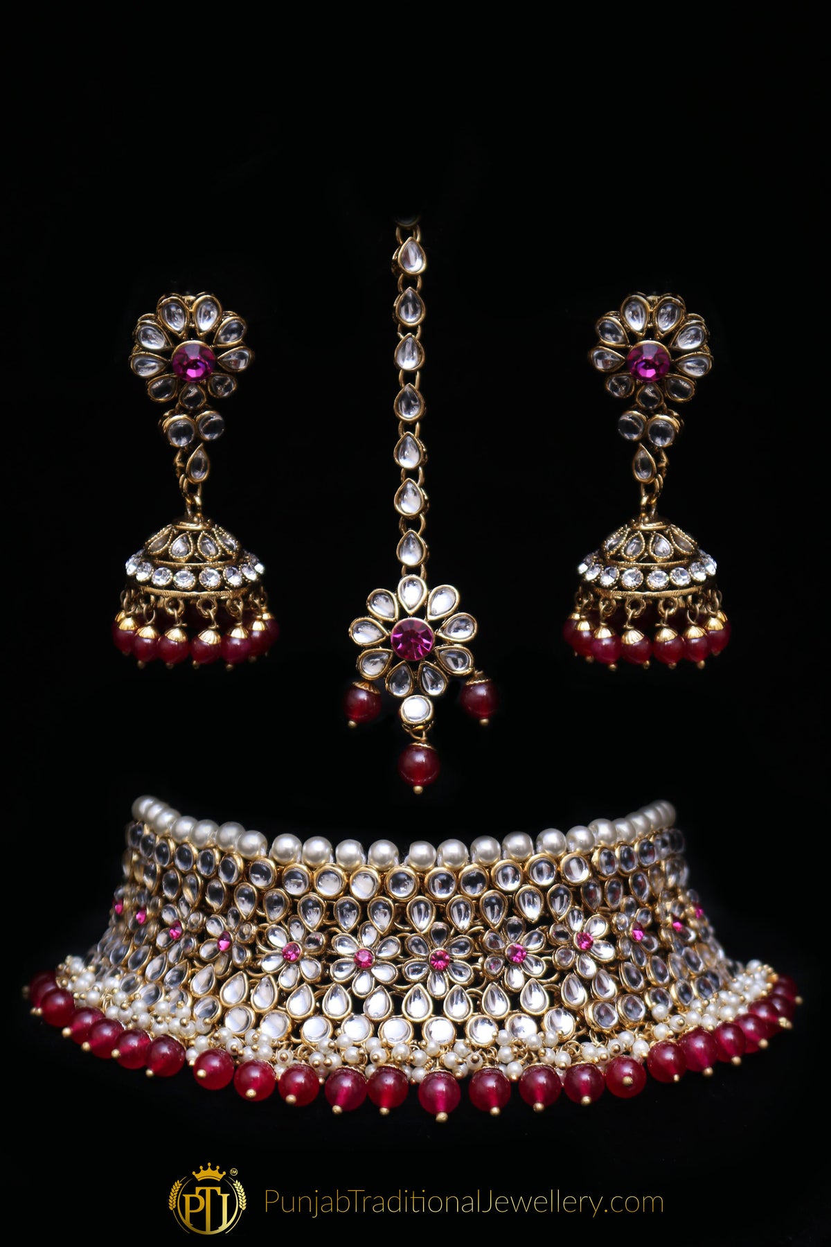 Maroon Pearl Kundan Choker Necklace Set By Punjabi Traditional Jewellery