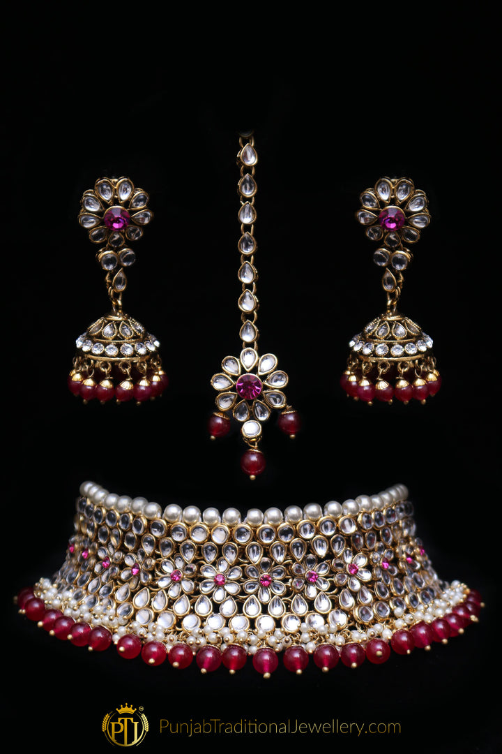 Maroon Pearl Kundan Choker Necklace Set By Punjabi Traditional Jewellery