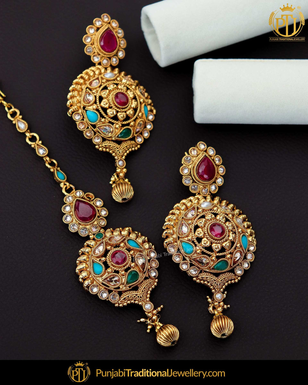 Antique Gold Finished Navratan Polki Stone Earring Tikka Set | Punjabi Traditional Jewellery Exclusive
