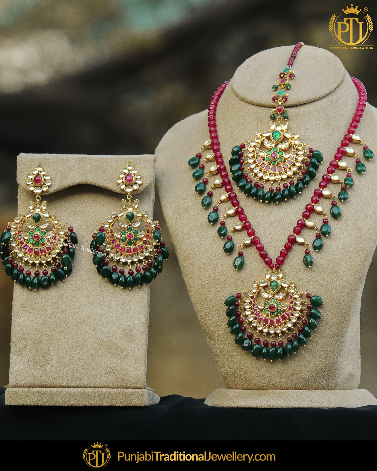 Gold Finished Kundan Rubby Emerald Long Necklace Set | Punjabi Traditional Jewellery Exclusive