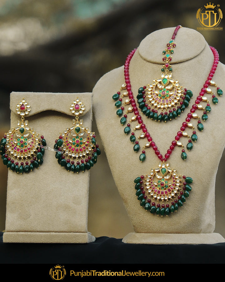 Gold Finished Kundan Rubby Emerald Long Necklace Set | Punjabi Traditional Jewellery Exclusive