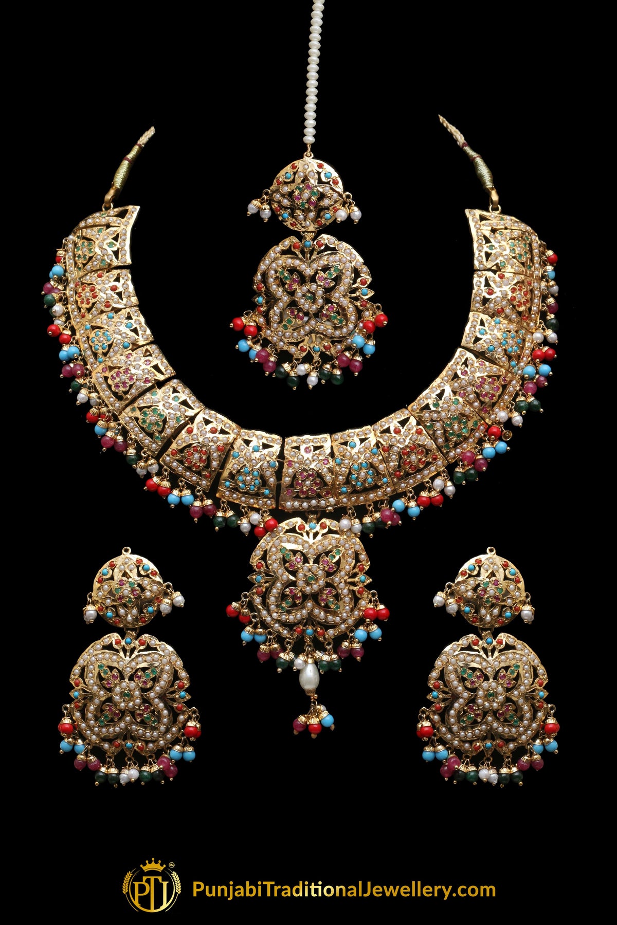 Multi Jadau Pearl Necklace Set By Punjabi Traditional Jewellery
