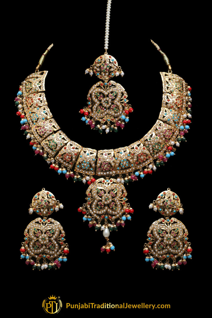 Multi Jadau Pearl Necklace Set By Punjabi Traditional Jewellery