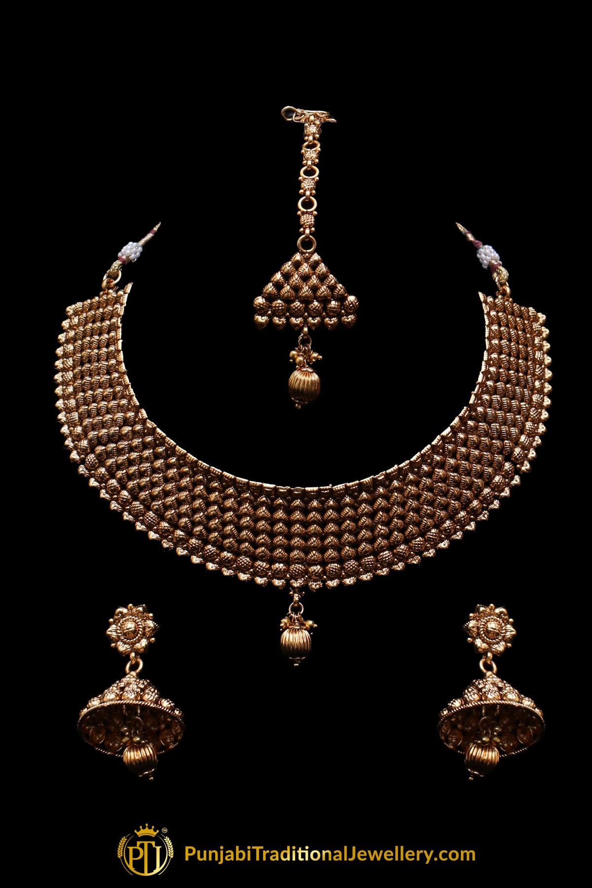 Antique Gold Pearl Choker Necklace Set By Punjabi Traditional Jewellery