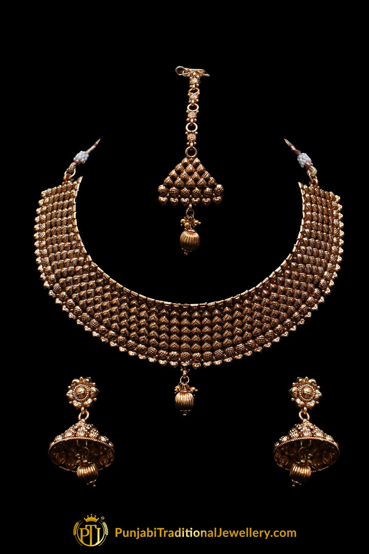 Antique Gold Pearl Choker Necklace Set By Punjabi Traditional Jewellery