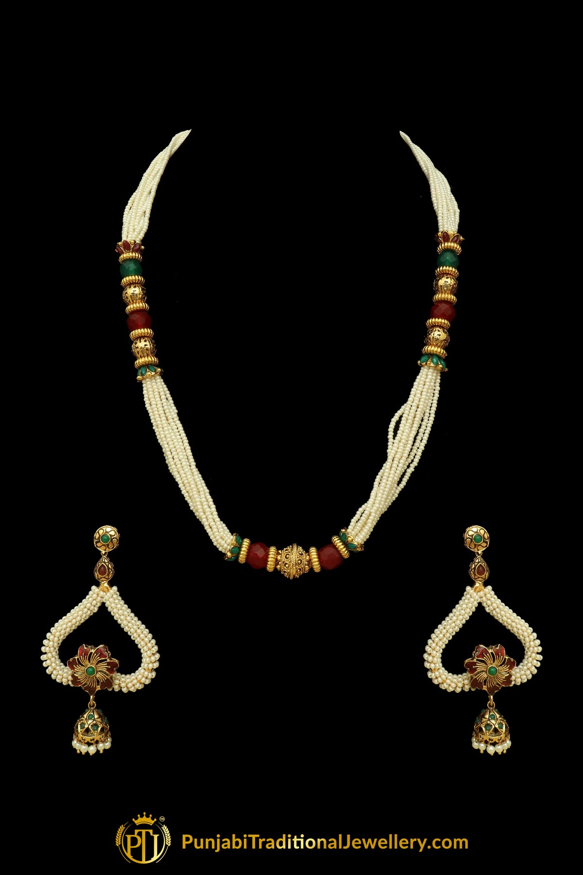 Rubby Panna Pearl Jodha Mala Necklace Set By Punjabi Traditional Jewellery