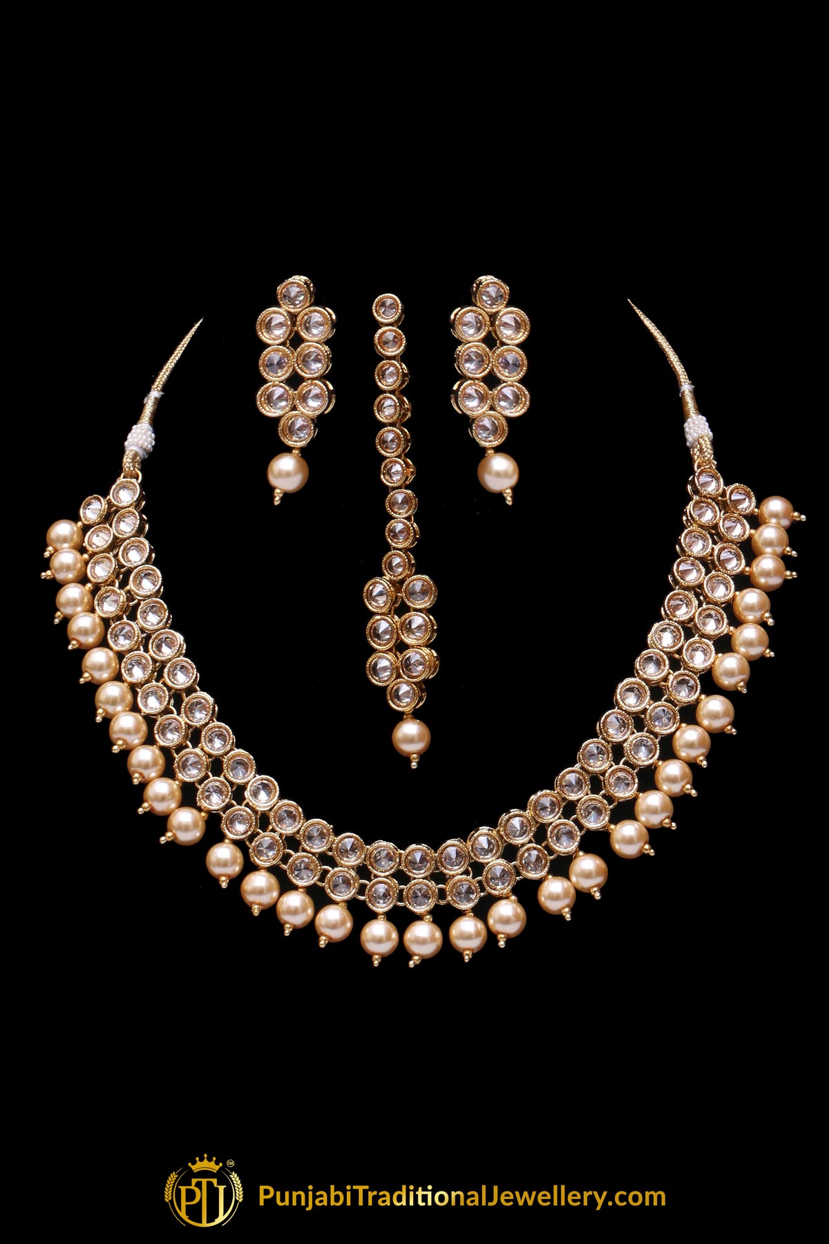 Pearl Champagne Stone Necklace Set By Punjabi Taditional Jewellery