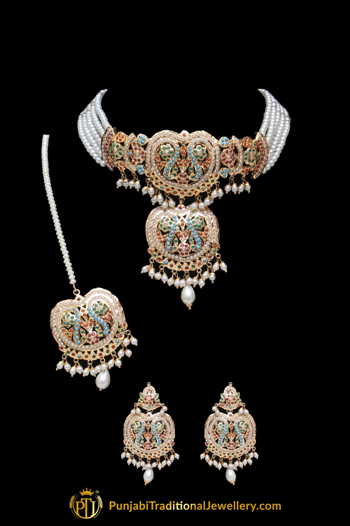 Multi Pearl Jadau Necklace Set By Punjabi Traditional Jewellery