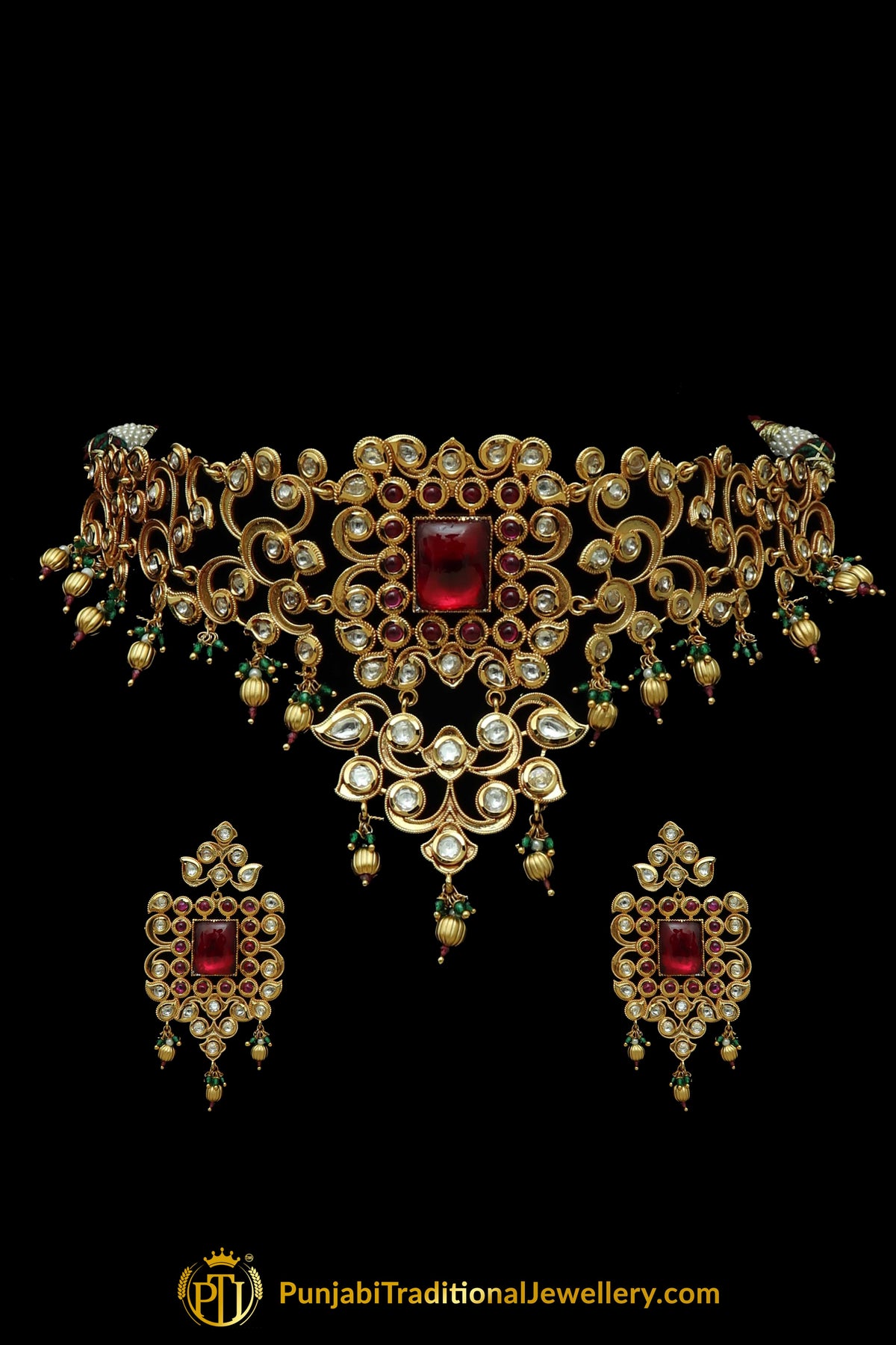 Matt Gold Green Red Polki Choker Necklace Set | Punjabi Traditional Jewellery Exclusive