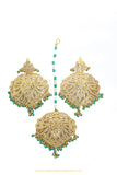 Gold Finished Mint Jadau Earrings & Tikka Set By PTJ