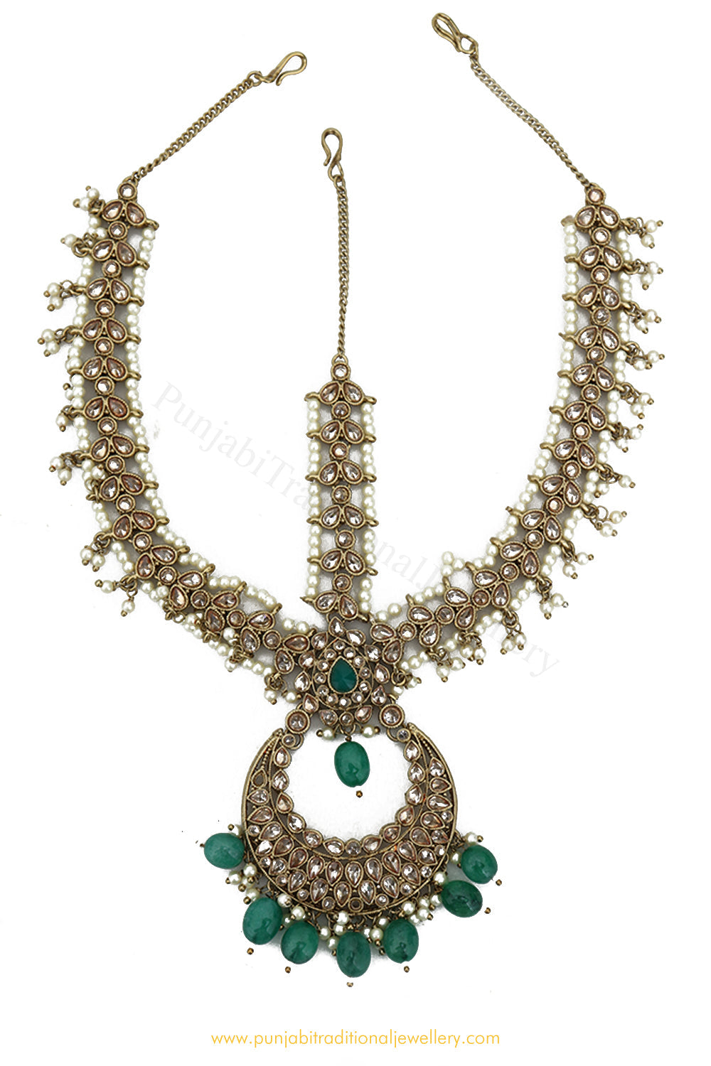 Antique Gold Finished Emerald Champagne Stone Matha Patti By PTJ Exclusive